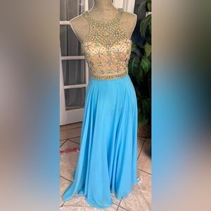 Sky Blue Chiffon A-Line Halter Sleeveless Crystals Beaded Prom, Wedding Dress